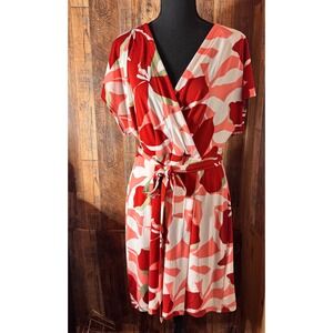 Nine West Floral Print Dress Womens XL Surplice Faux Wrap‎ Tie Waist Red White